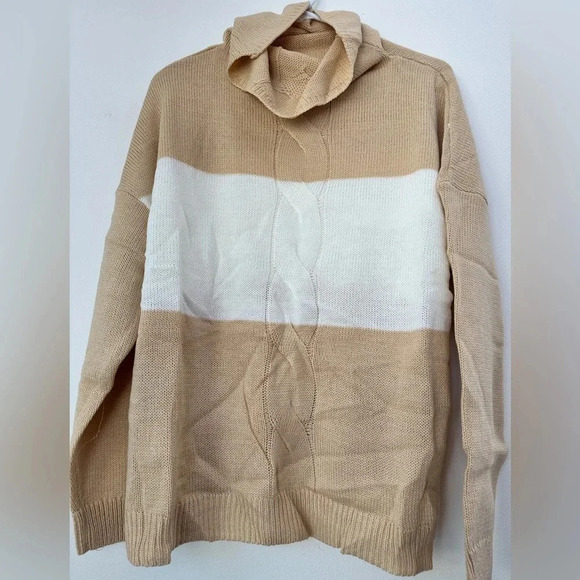 Colorblock Cable Knit Long Sleeve Pullover Top Cowl Neck Sweater - Picture 5 of 5